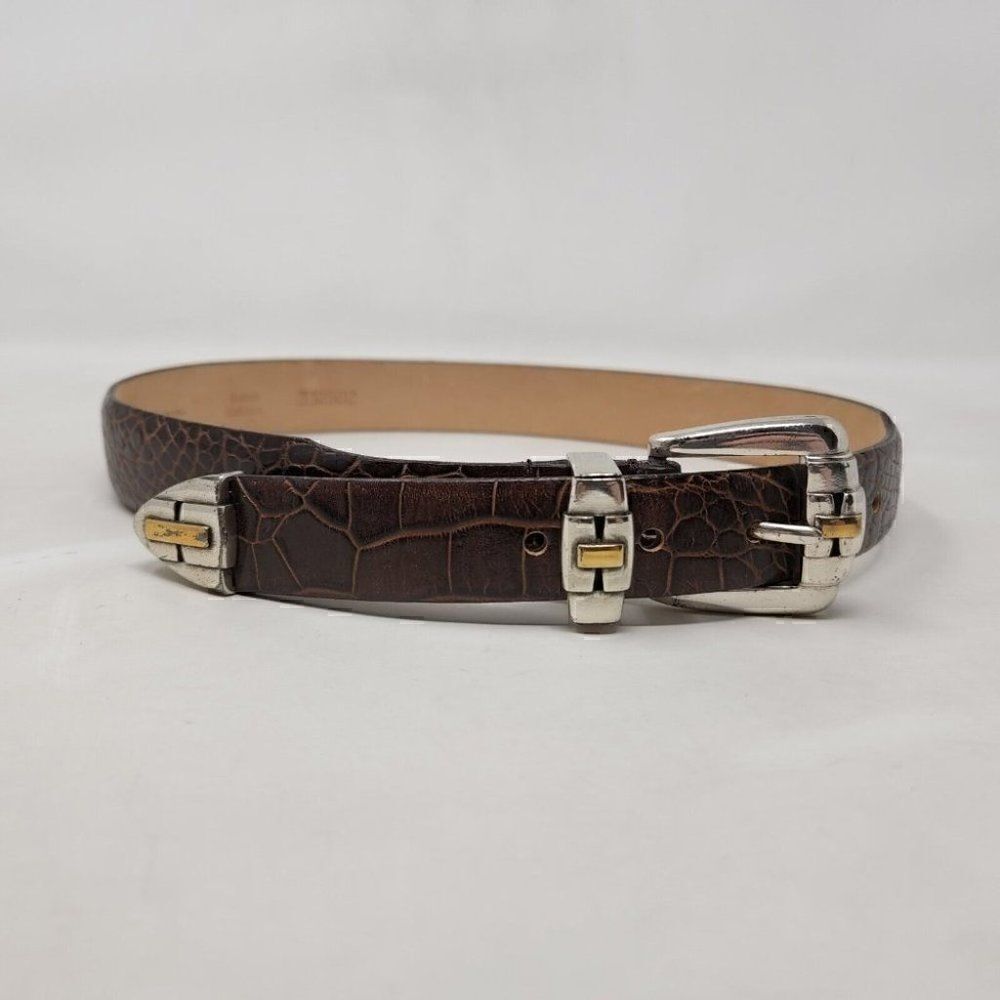 TULLIANI MENS BROWN ITALIAN CALFSKIN CROC EMBOSSED LEATHER BELT SIZE SMALL 32"
